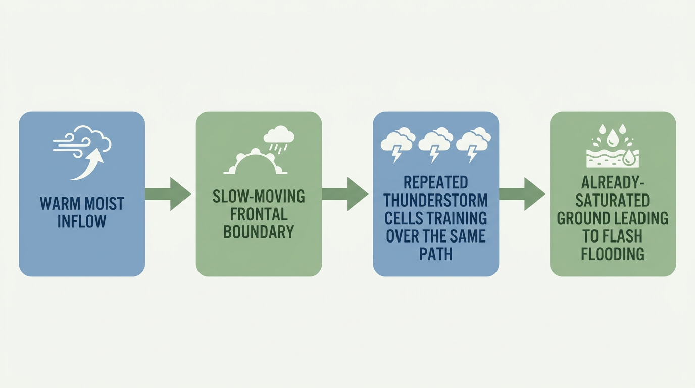 A flow-chart style diagram showing the four ingredients for training thunderstorms and flash flooding: warm moist inflow, a slow-moving frontal boundary, repeated storm cells tracking the same path, and saturated ground, connected by simple arrows in a horizontal sequence