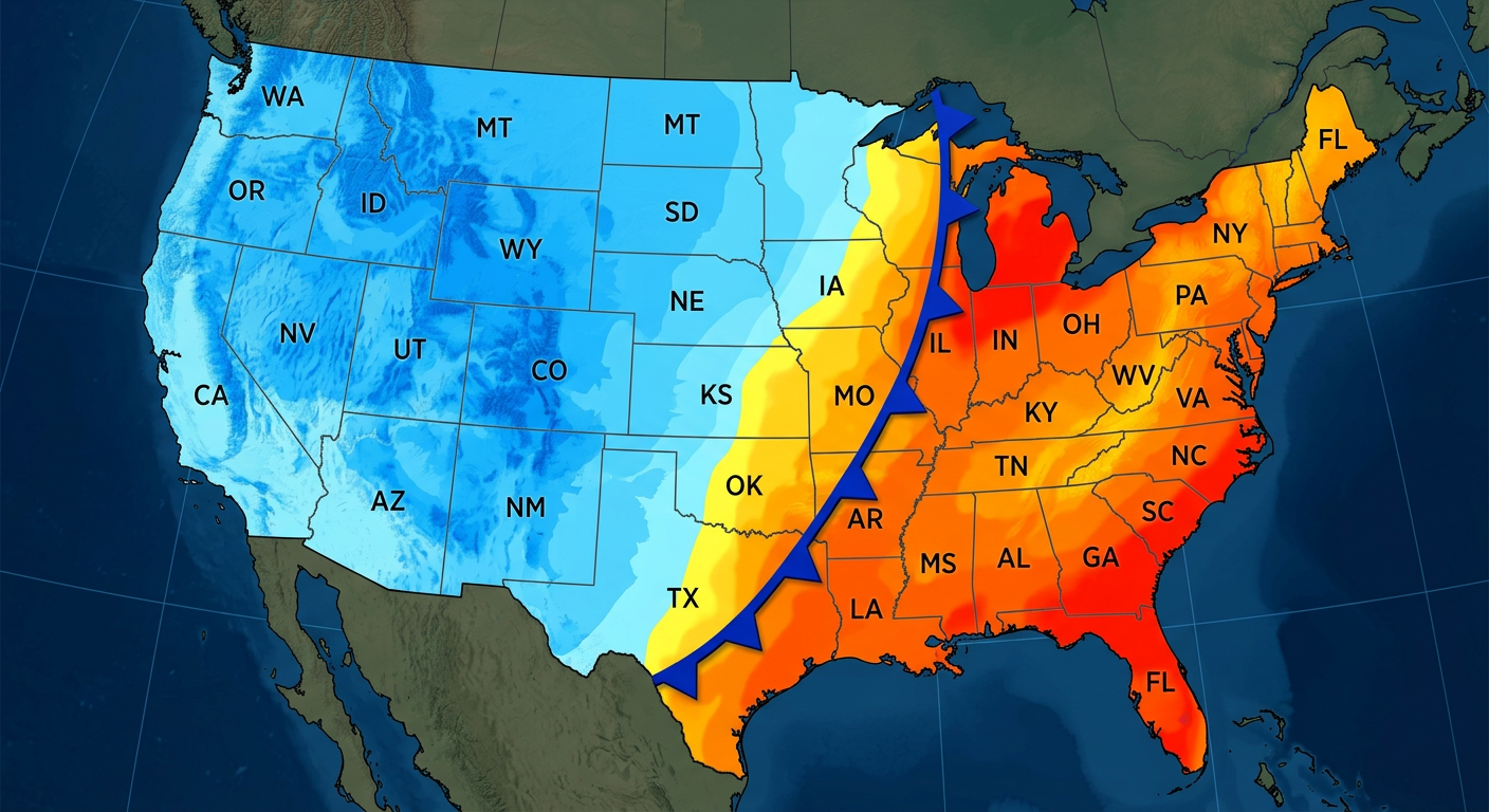 Map showing a strong cold front stretching from the Great Lakes down to Texas, with contrasting warm and cold air masses
