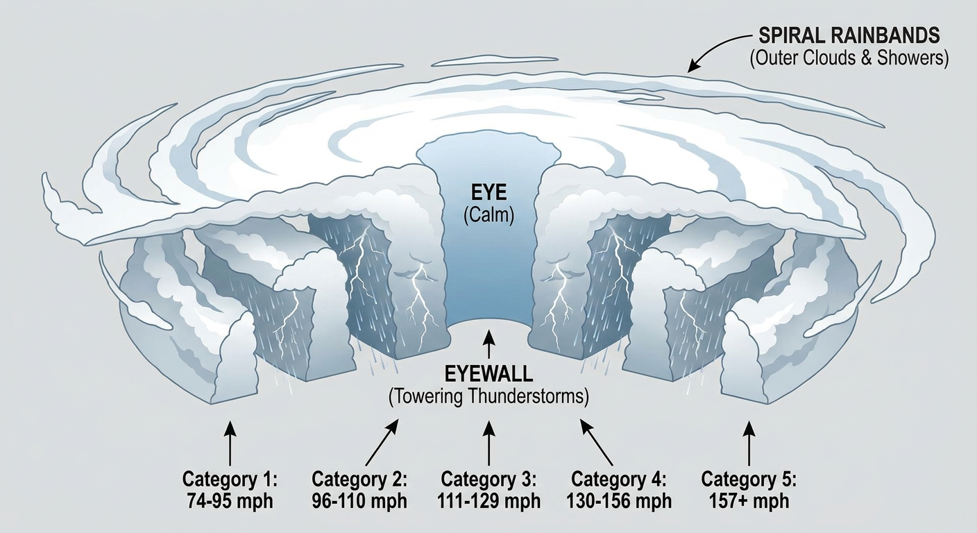 Cross-section diagram of a major hurricane showing the eye, eyewall, and spiral rainbands, with labeled wind speed thresholds for each Saffir-Simpson category