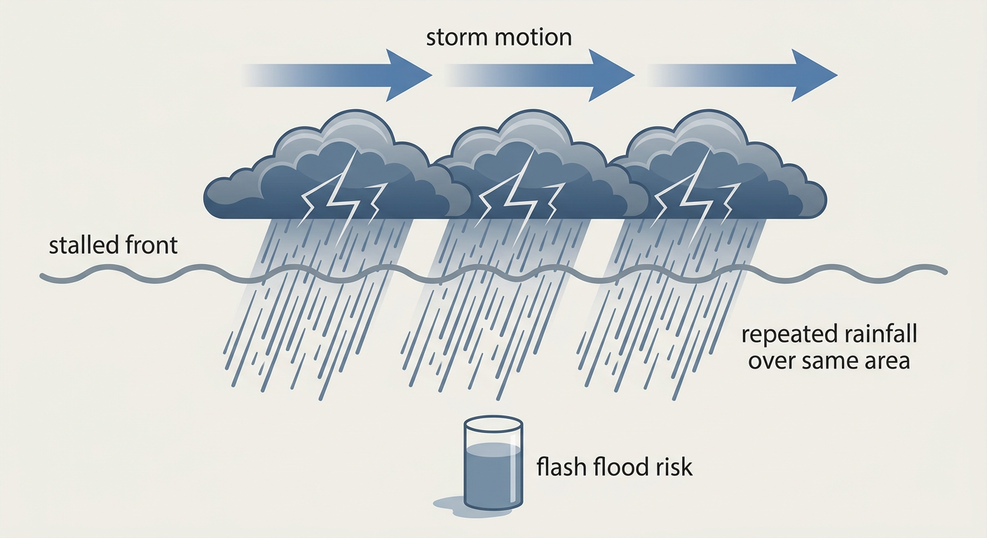A cutaway diagram showing how repeated thunderstorm cells move over the same ground, labeled training convection, with arrows showing storm motion parallel to a stalled front and a rain gauge filling rapidly below