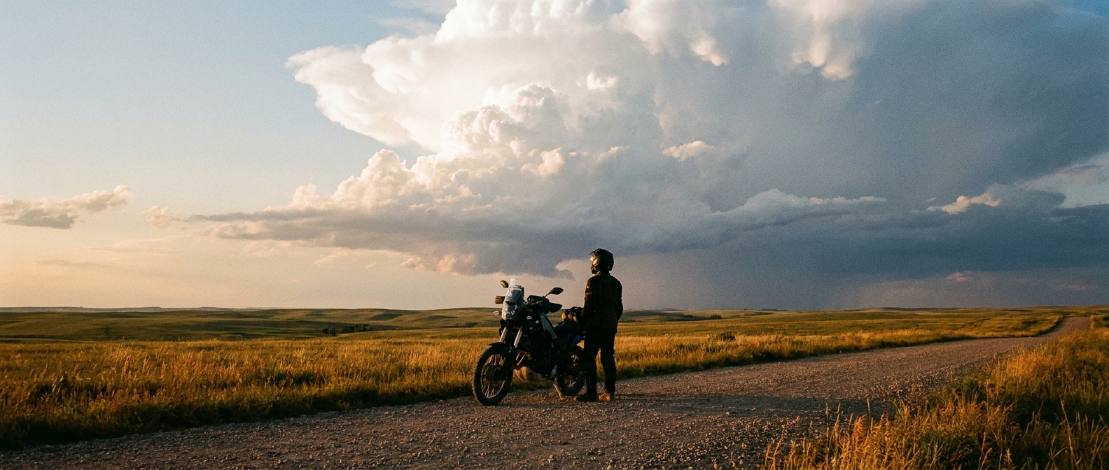 A lone motorcycle silhouette on a gravel road under a building thunderhead, golden late-afternoon light on the grassland, wide shot with rolling high plains terrain, warm amber tones fading into a slate-gray storm base on the horizon