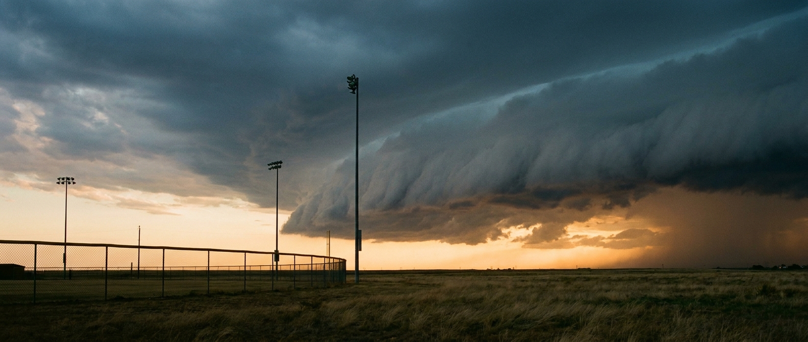 A shelf cloud advances over open plains at dusk with a chain-link outfield fence and ballpark light poles silhouetted in the foreground, warm amber sunset light fading into cool blue-gray storm shadow, wide establishing shot