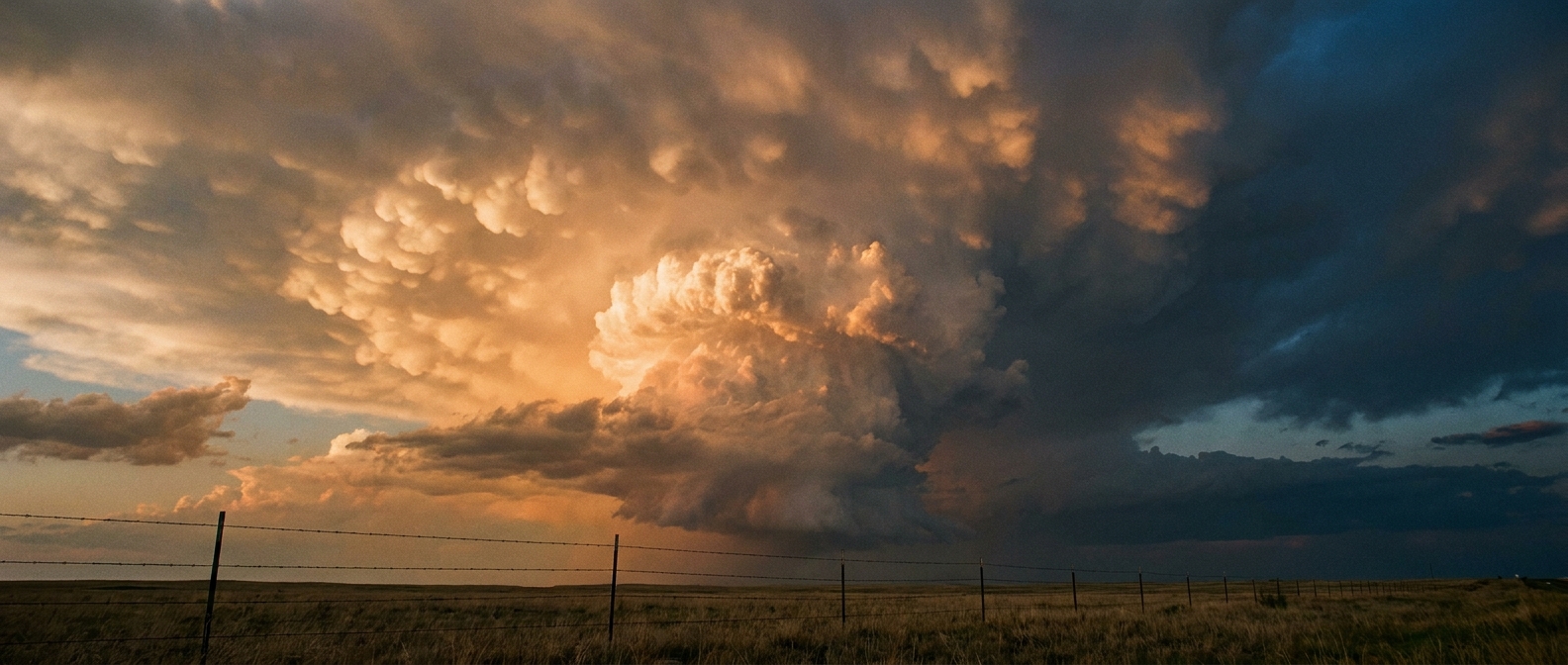 Late afternoon supercell updraft tower rising over the eastern Colorado High Plains, hard sunlight raking the side of the storm