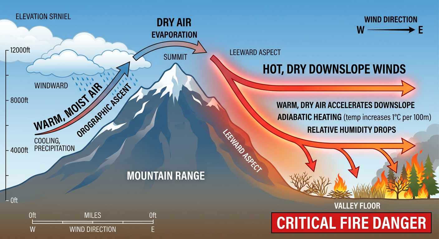 Diagram showing downslope winds causing fire danger