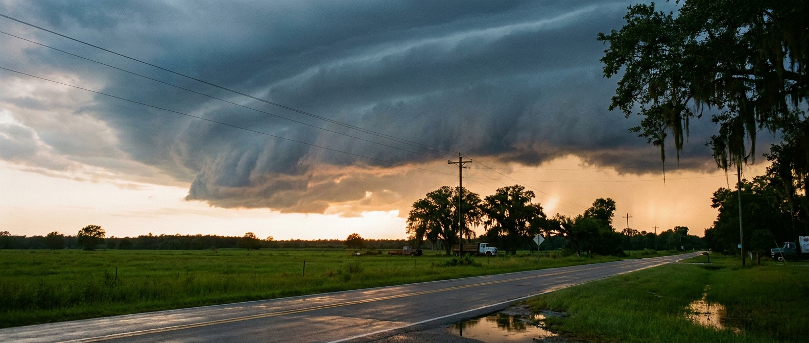 Atmospheric storm clouds gathering over a Southern highway
