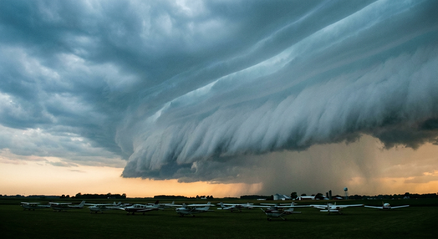 A dramatic shelf cloud advances over flat farmland at dusk, viewed from a low angle across an open grass field with a line of small parked aircraft silhouetted in the foreground, cool blue-gray storm light contrasting with warm amber sky at the horizon