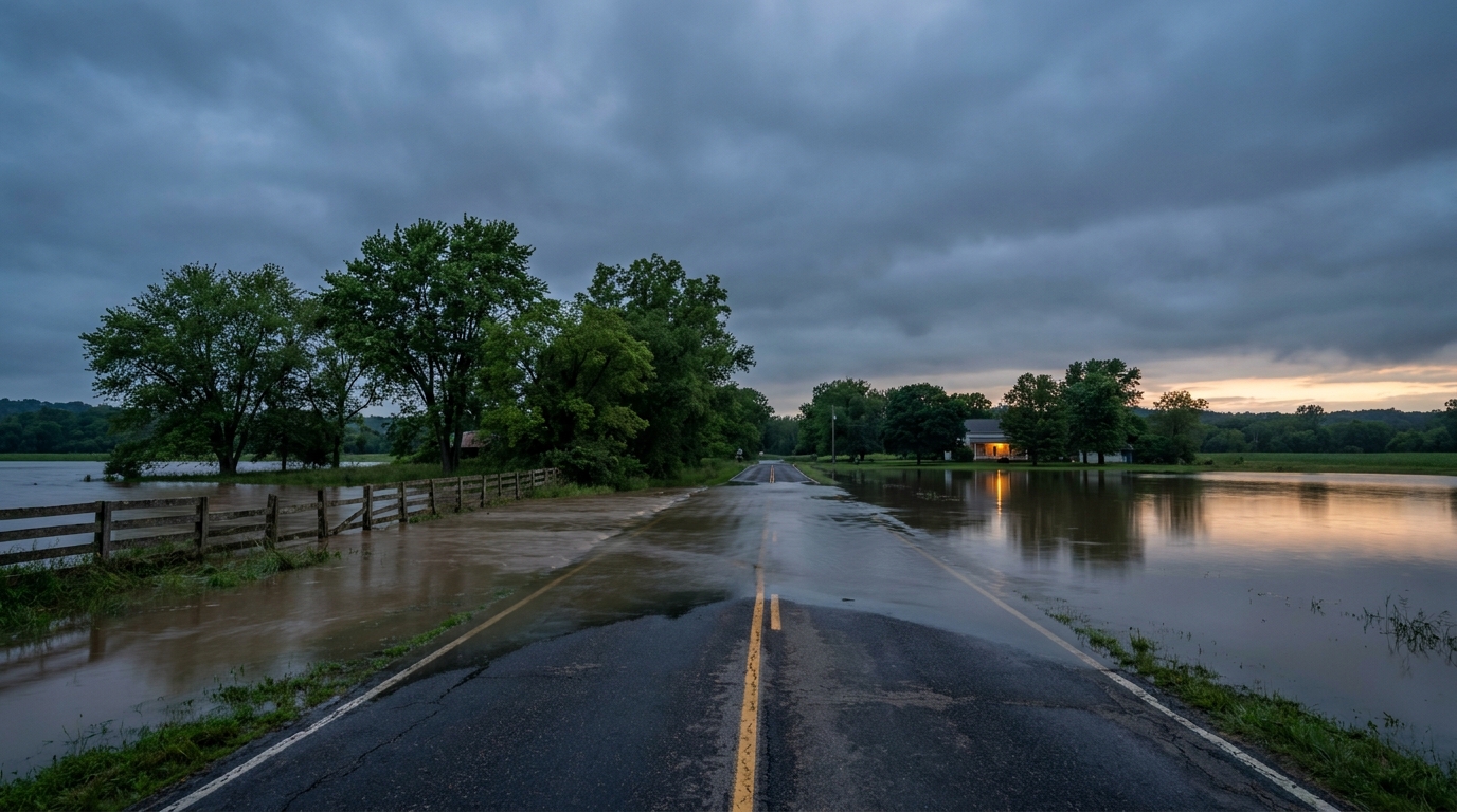 Flooded rural two-lane road at dusk, brown water rising over the centerline near a fence line and a stand of trees, warm amber porch light reflecting on the water surface, cool blue-gray storm sky overhead, wide establishing shot at eye level