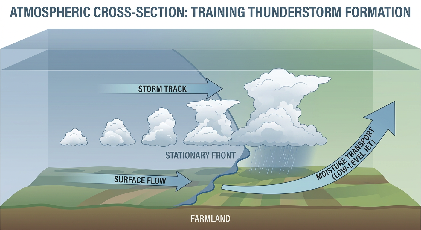 Simplified atmospheric cross-section showing a moist low-level jet feeding into a stalled frontal boundary, with training thunderstorm cells repeatedly moving over the same ground track, labeled with a rain gauge icon showing accumulating totals