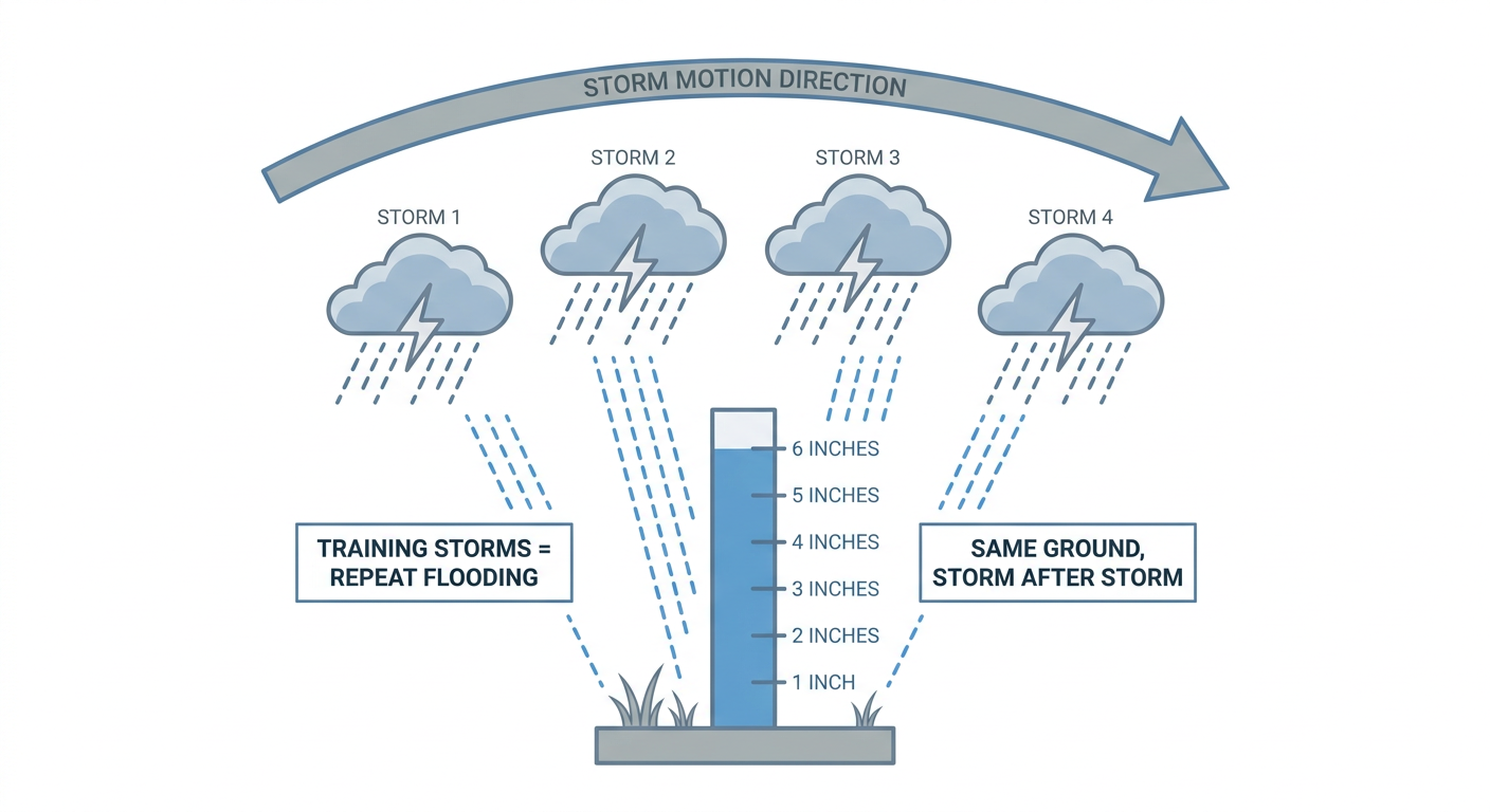 A flowchart-style infographic explaining training thunderstorms: three storm cell icons in a row along an arrow labeled 'storm motion,' each dropping heavy rain onto the same ground location, with a rain gauge icon climbing from 1 inch to 6 inches, labeled 'Training Storms = Repeat Flooding,' clean minimalist educational style, muted blue and gray tones