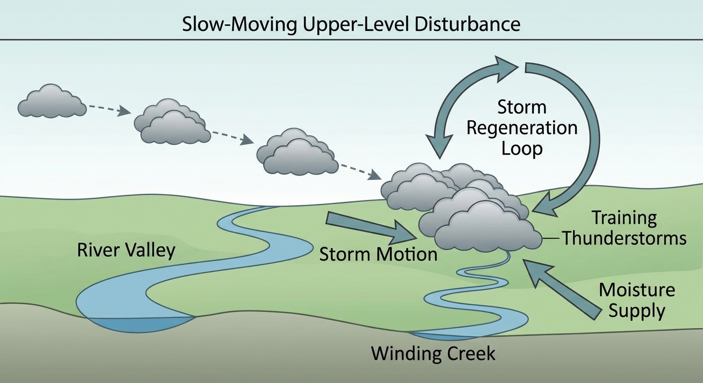 A ground-level cross-section diagram showing how repeated thunderstorm cells train over the same river valley, labeled with arrows showing storm motion looping back over saturated ground, warm moist inflow from the south, and a stalled upper-level disturbance overhead, illustrated in muted teal and slate tones, educational infographic style