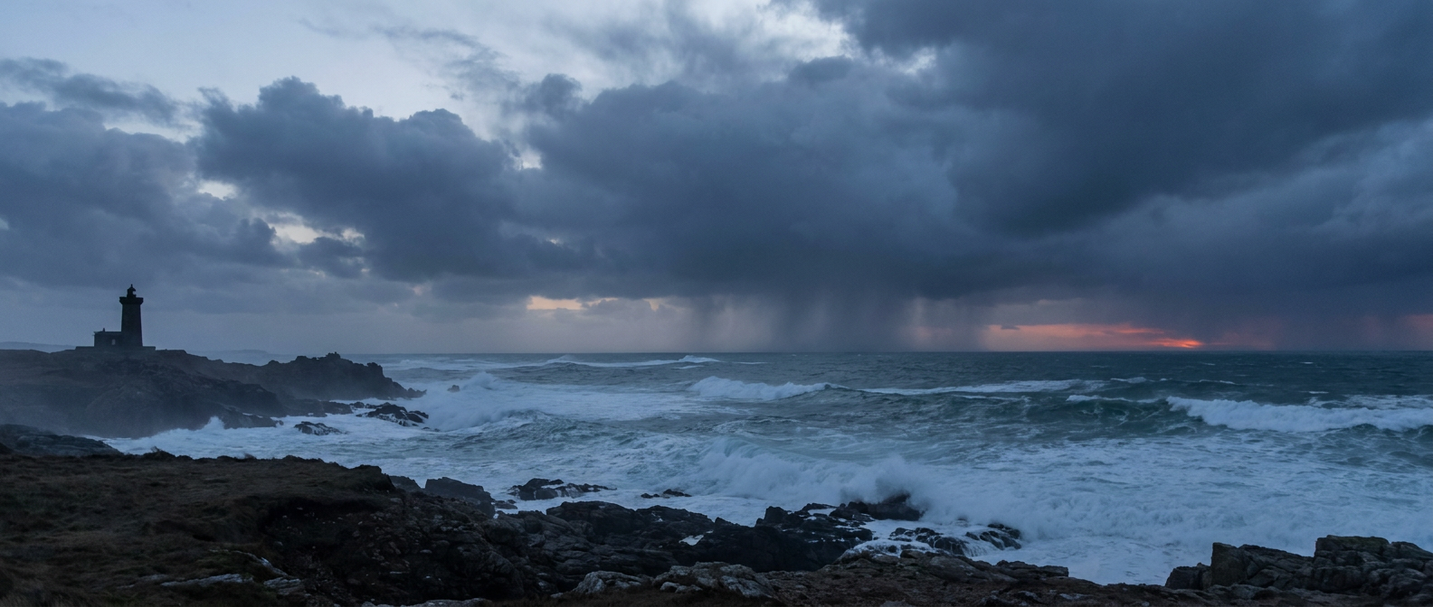A post-tropical low churns offshore near a New England coastline at dusk, with gray-blue storm clouds, rough ocean swells breaking against rocky shore, and a lighthouse silhouette in the foreground