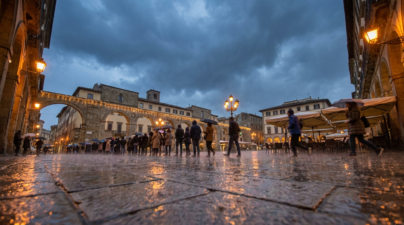 A public transit platform under a darkening summer sky as heavy rain begins to fall, wide low-angle shot, warm streetlight glow contrasting with deep blue-gray storm light, umbrellas opening, no text or logos, photorealistic urban weather scene