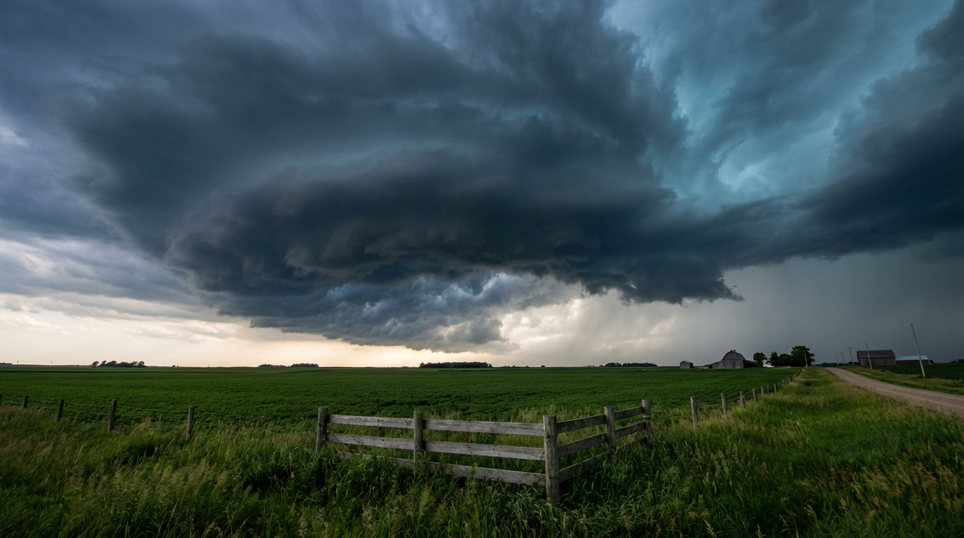 A dark, ominous shelf cloud advancing over a green, flat Midwestern field.