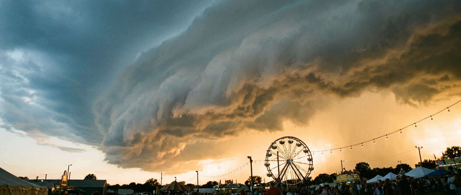 Wide shot of a shelf cloud advancing over a Midwest county fairground at golden hour, warm amber sky ahead of the front, cool blue-gray cloud base pushing in from the horizon, string lights and a Ferris wheel silhouette in the foreground, low camera angle looking up at the sky