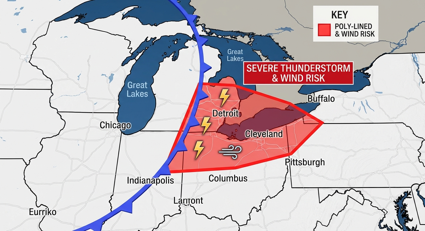 Map showing the cold front and severe thunderstorm risk areas across the Ohio Valley and Great Lakes