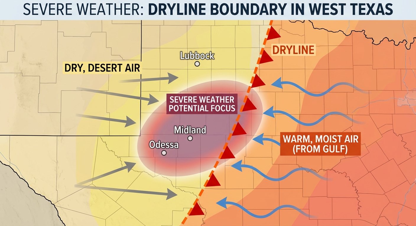 Map showing a dryline boundary across West Texas with the severe weather risk area highlighted