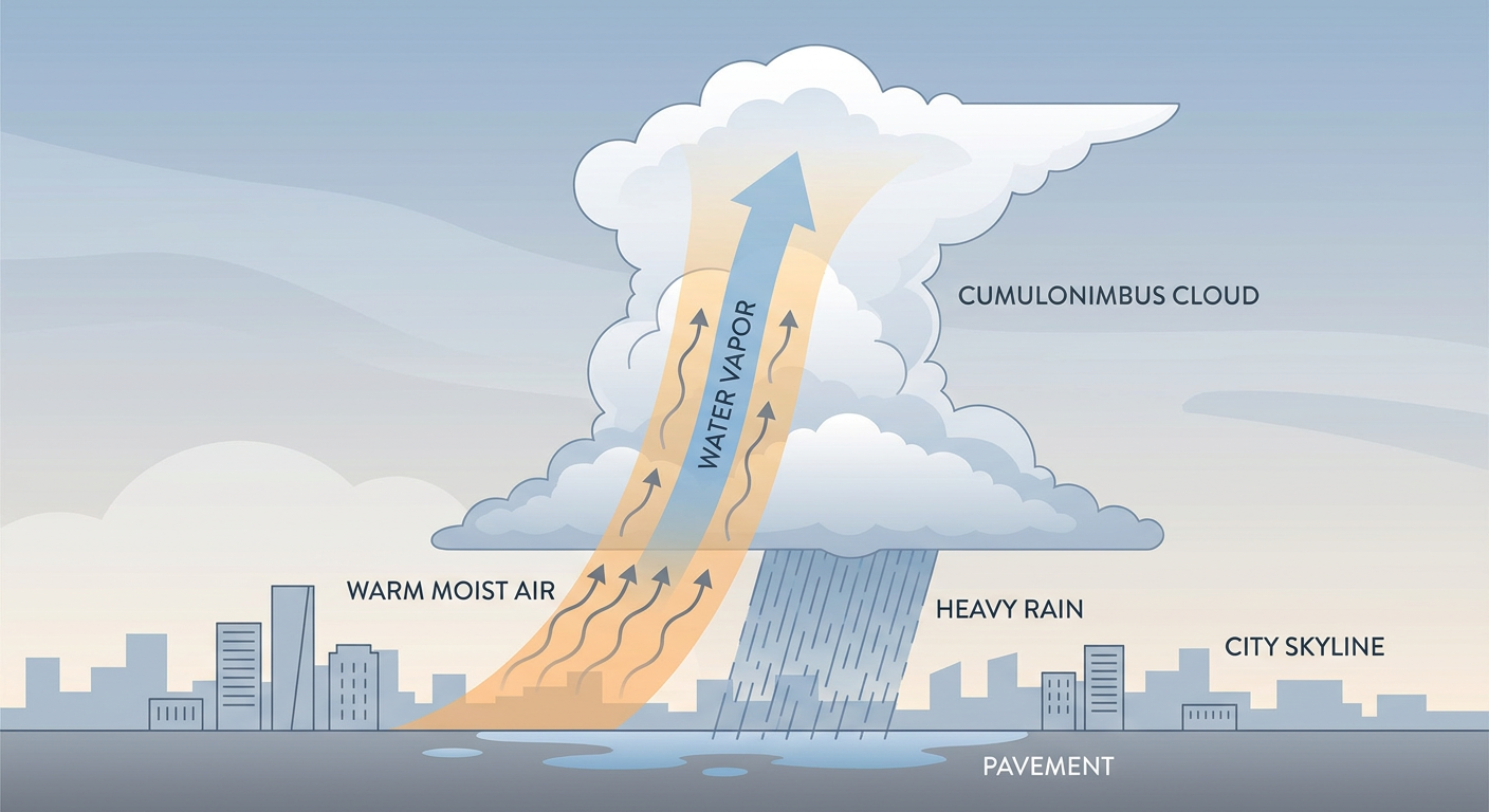 Cross-section diagram showing a tall summer thunderstorm cloud over a metro skyline, with labeled arrows for warm moist air rising, a deep column of water vapor, and heavy rain falling on city streets below, clean educational style, no map, no text overlays beyond simple labels