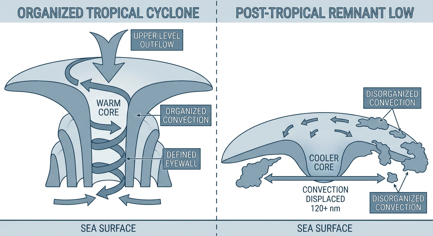 A weakening tropical cyclone loses its defined eye and thunderstorm core, becoming an elongated post-tropical remnant low over open ocean, shown as an annotated cross-section diagram with labeled convection and wind field, no geography or map elements, moody blue-gray palette