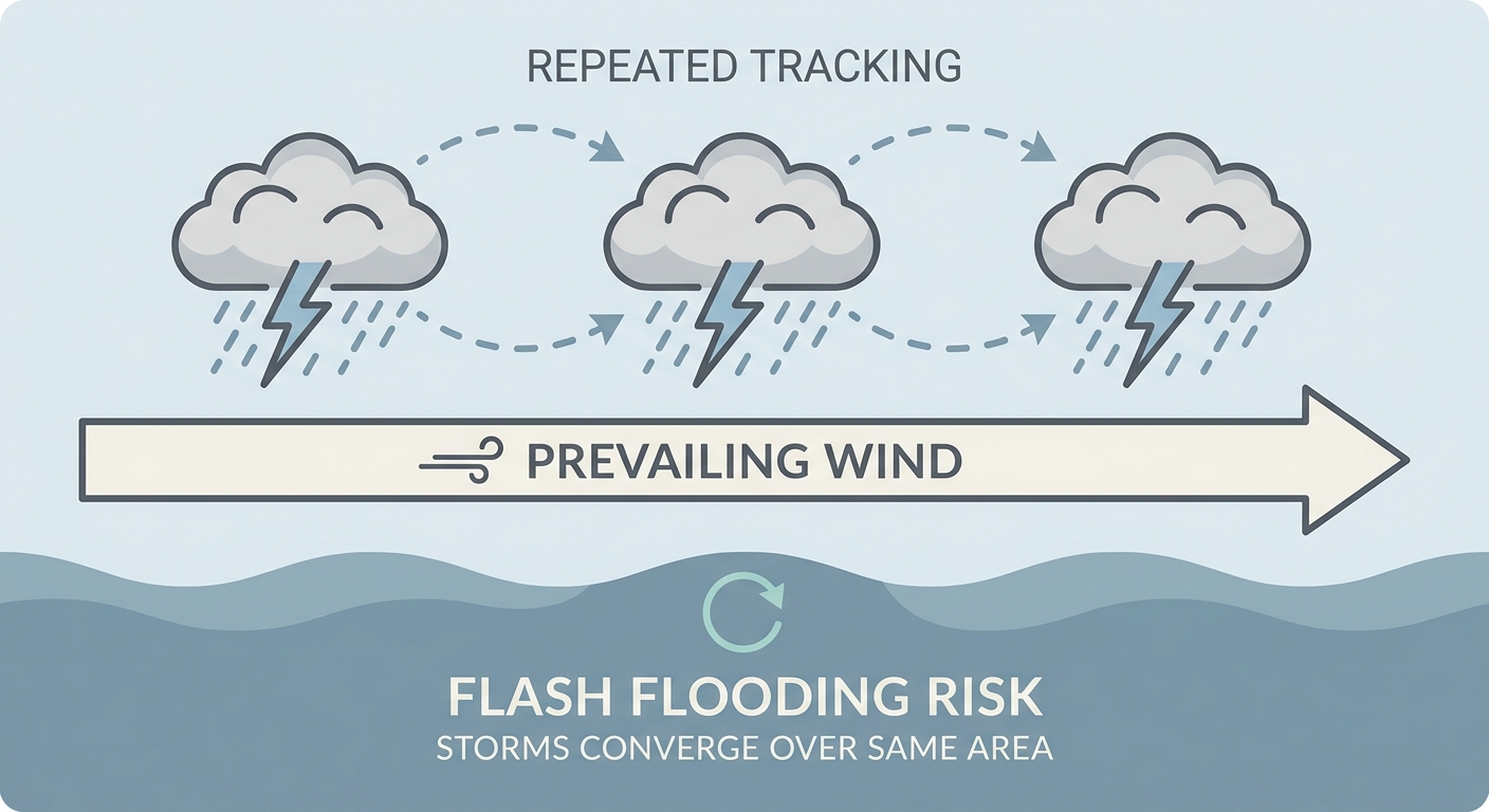 A simple cross-section diagram showing how repeated thunderstorm cells track over the same location, labeled to explain the training storm concept, clean explainer style, no text overlays resembling a map