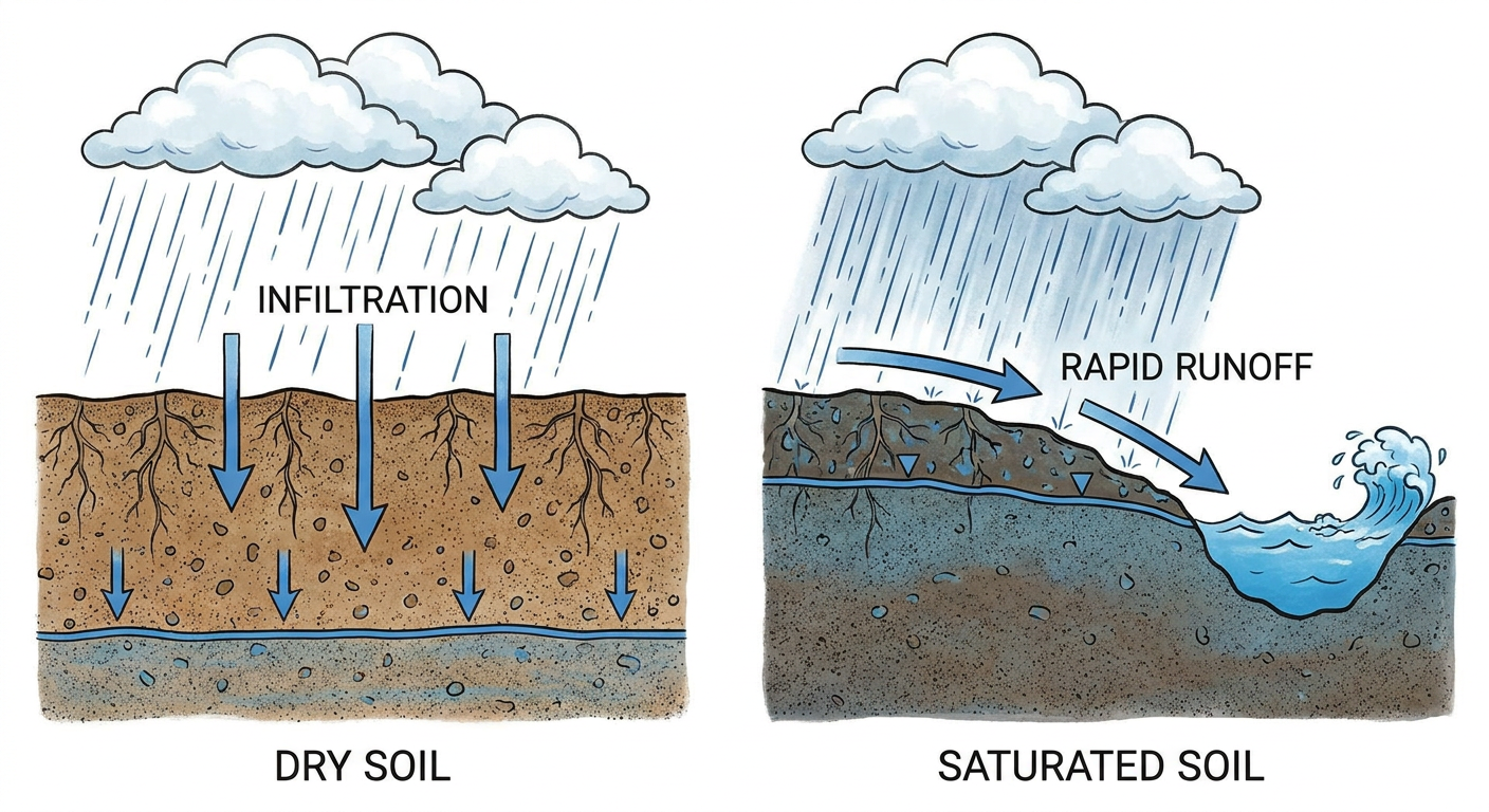 Diagram showing how saturated soil leads to rapid flash flooding