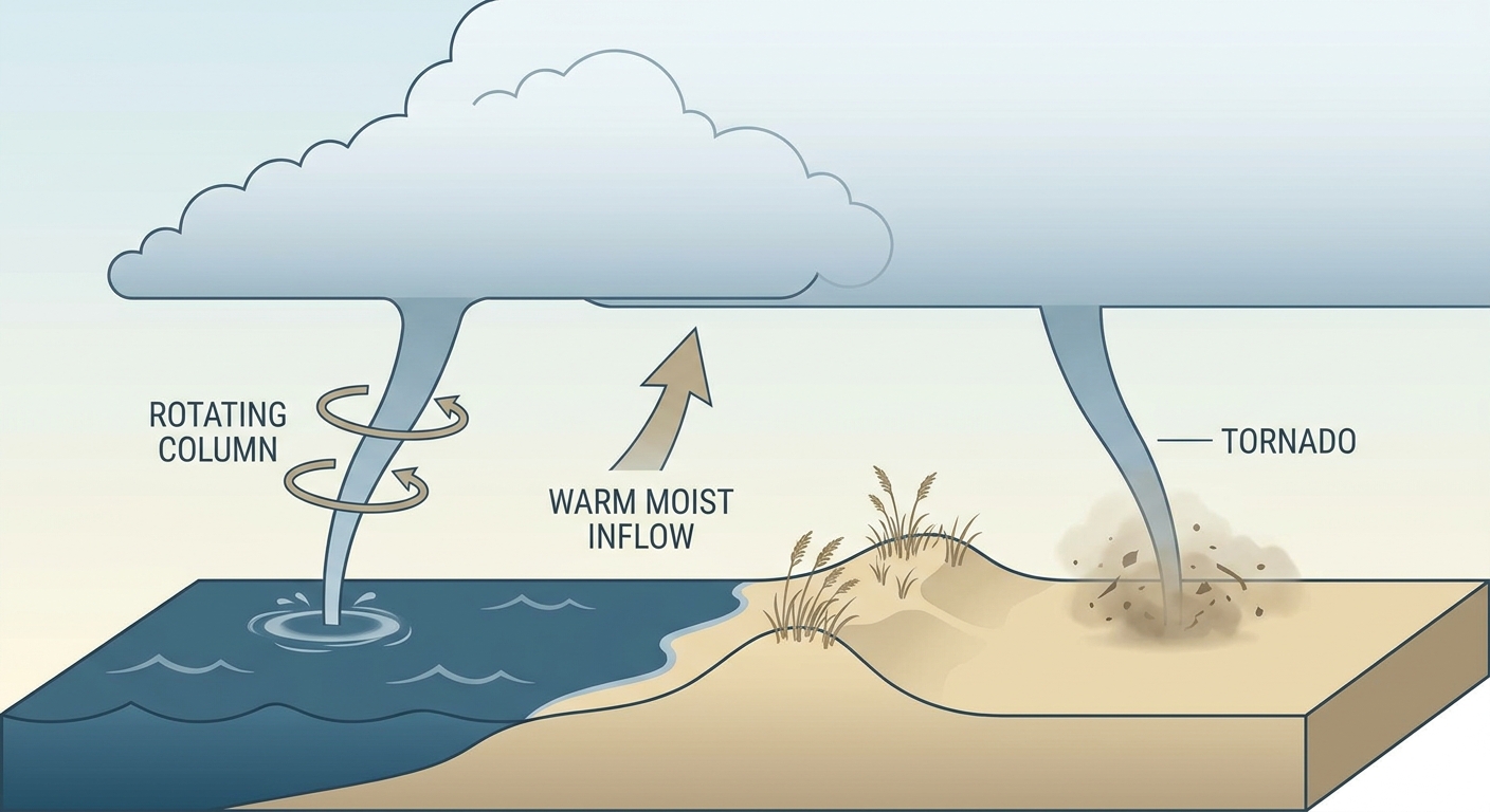 A schematic cross-section diagram showing how a waterspout over warm coastal water can maintain its rotating column as it crosses onto a sandy beach, becoming classified as a tornado, with labeled arrows showing warm moist inflow, a narrow funnel, and the sea-to-land transition zone. Educational illustration style, muted blues and tans, no text other than simple labels, no geographic map.