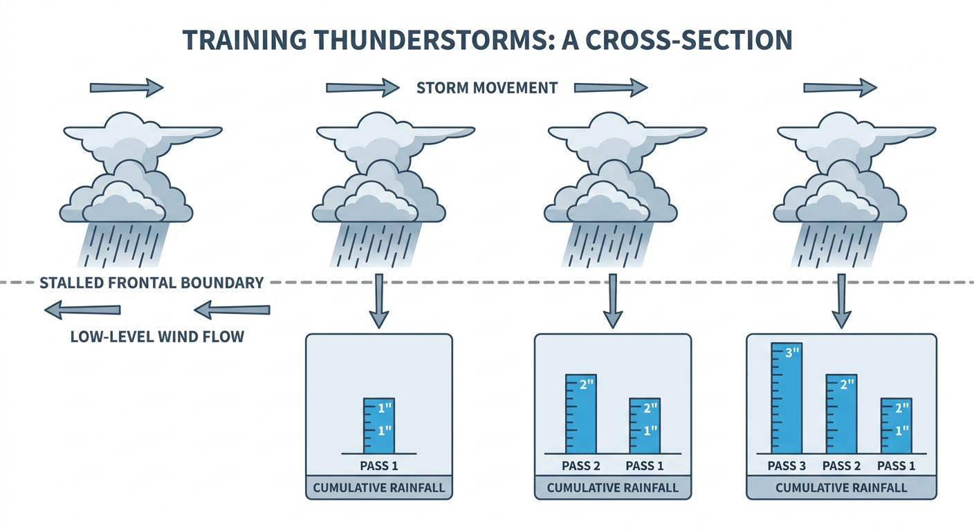 Cross-section diagram showing how repeated thunderstorm cells train over the same location along a stalled frontal boundary, with rainfall accumulation increasing with each pass