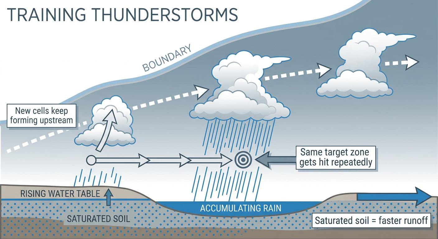 Diagram showing how training thunderstorms repeatedly cross the same location, causing rainfall totals to stack up and overwhelm already-saturated ground