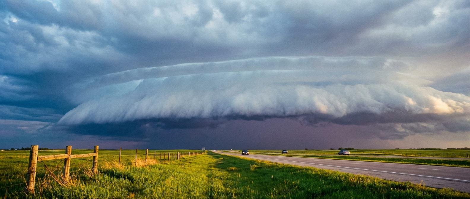 Dark storm clouds approaching a Midwest highway