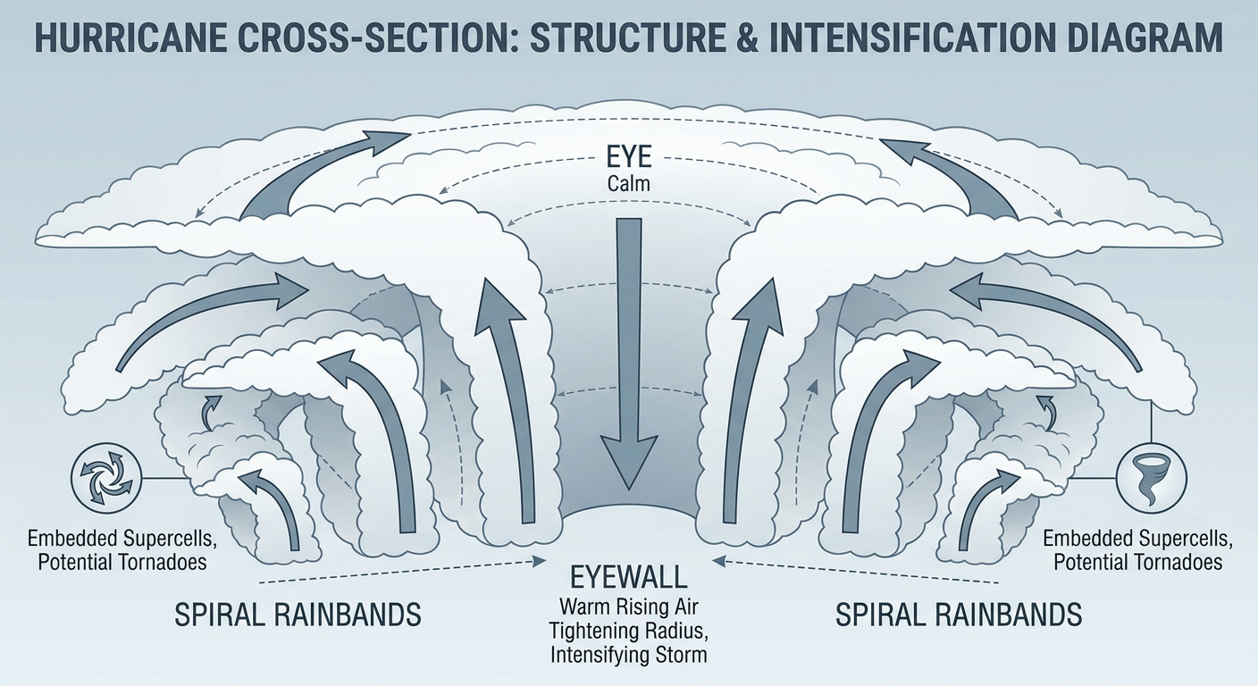 Cross-section diagram of a strengthening hurricane showing a tightening eyewall, warming eye, and outer rainbands spinning off embedded tornado-producing cells