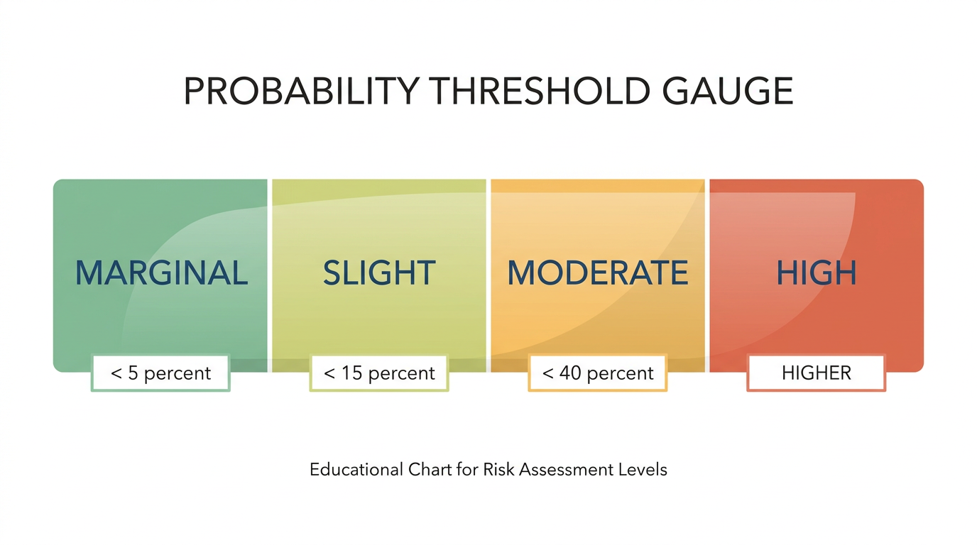 Excessive rainfall risk categories explained: a simple horizontal gauge from Marginal to Slight to Moderate to High, each labeled with its minimum flash-flood probability threshold