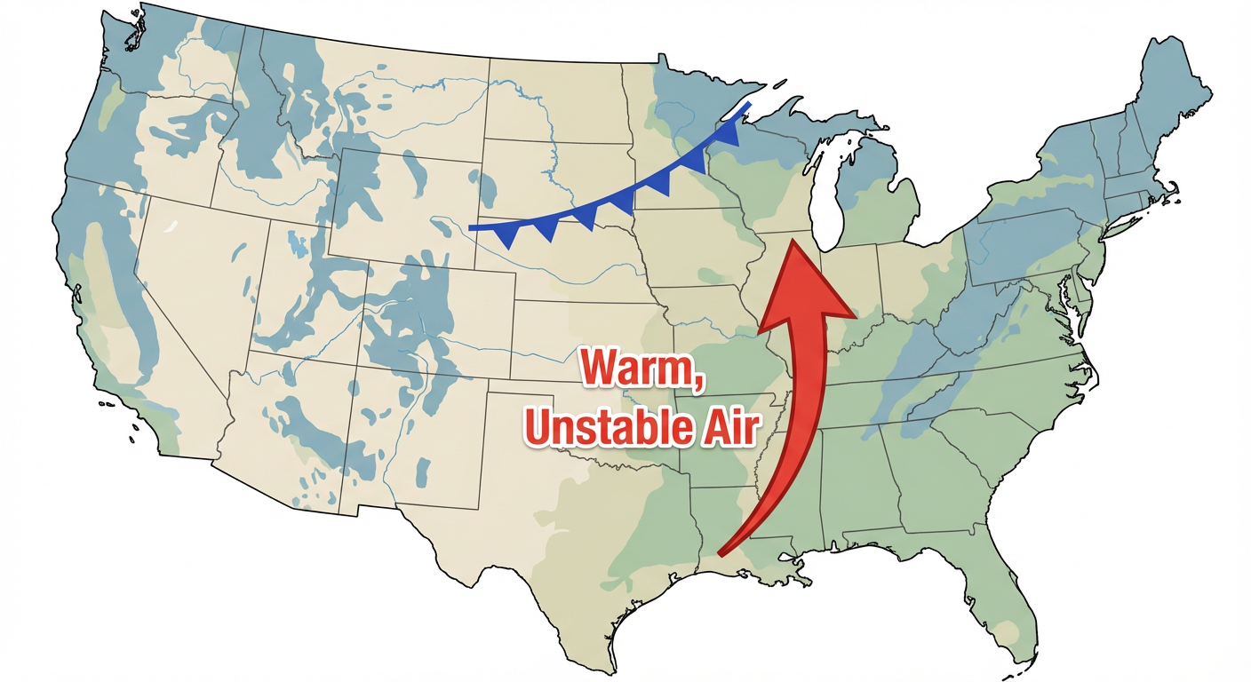 Warm air surging north ahead of the storm system