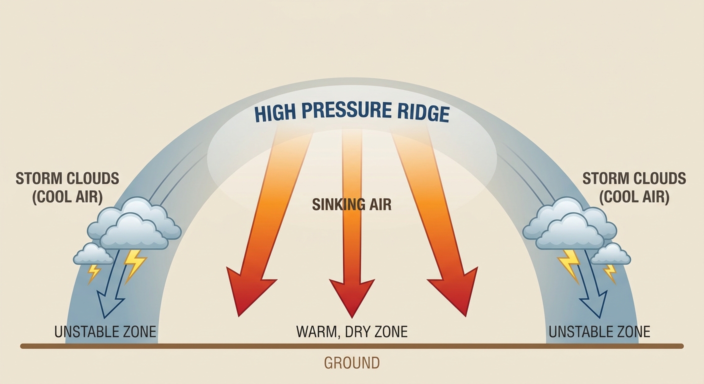 Cross-section diagram showing a dome of high pressure over the northern Plains, with sinking hot air underneath and storm clouds forming around the outer edge