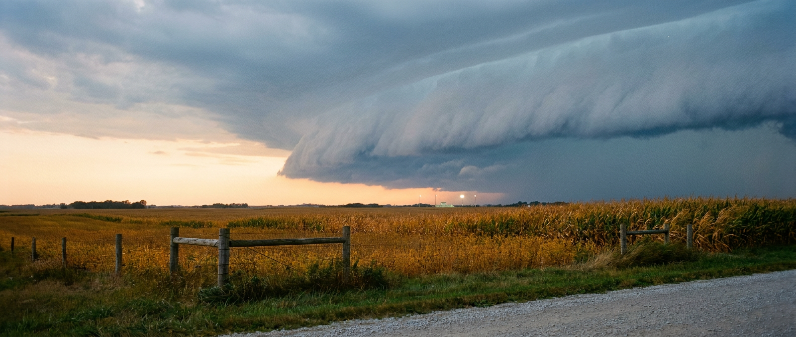 A cold front's shelf cloud rolls over harvest-ready farmland at dusk, distant stadium lights glowing on the horizon, warm amber sky fading to blue-gray storm shadow, wide low-angle establishing shot