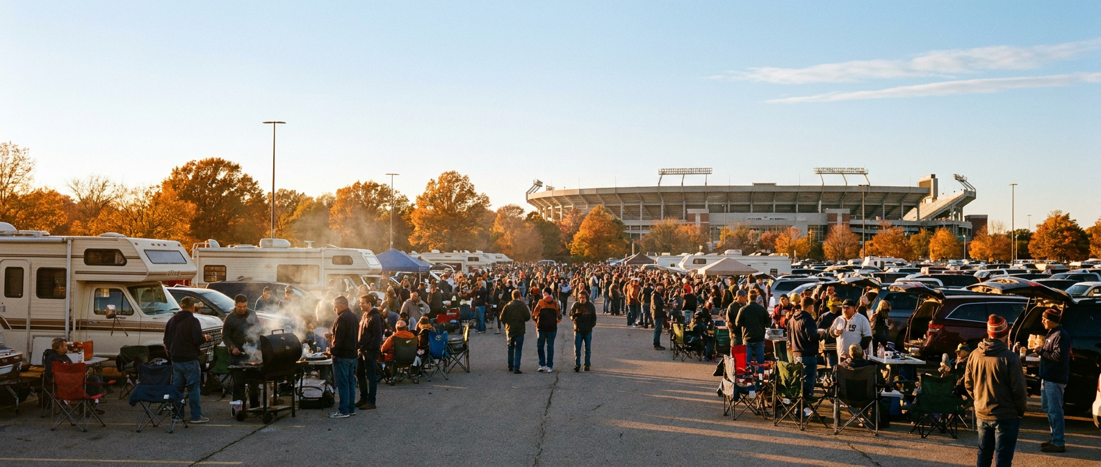 Golden hour tailgate scene in a Midwest stadium parking lot with grills smoking and fans in jackets under a clear blue October sky