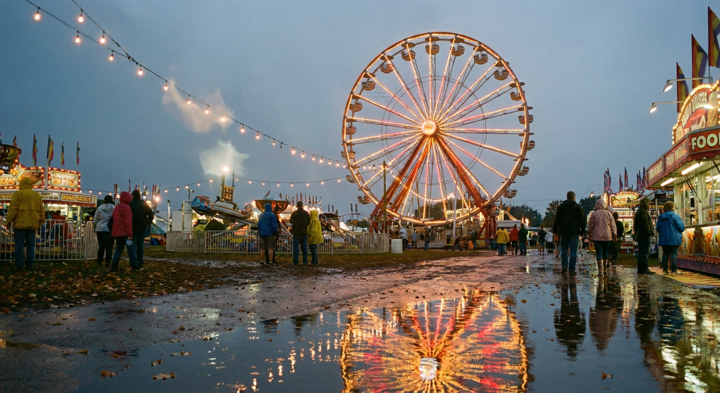 Rain-soaked county fair midway at dusk, Ferris wheel lights reflecting in standing puddles, string lights glowing warm against a departing gray storm sky