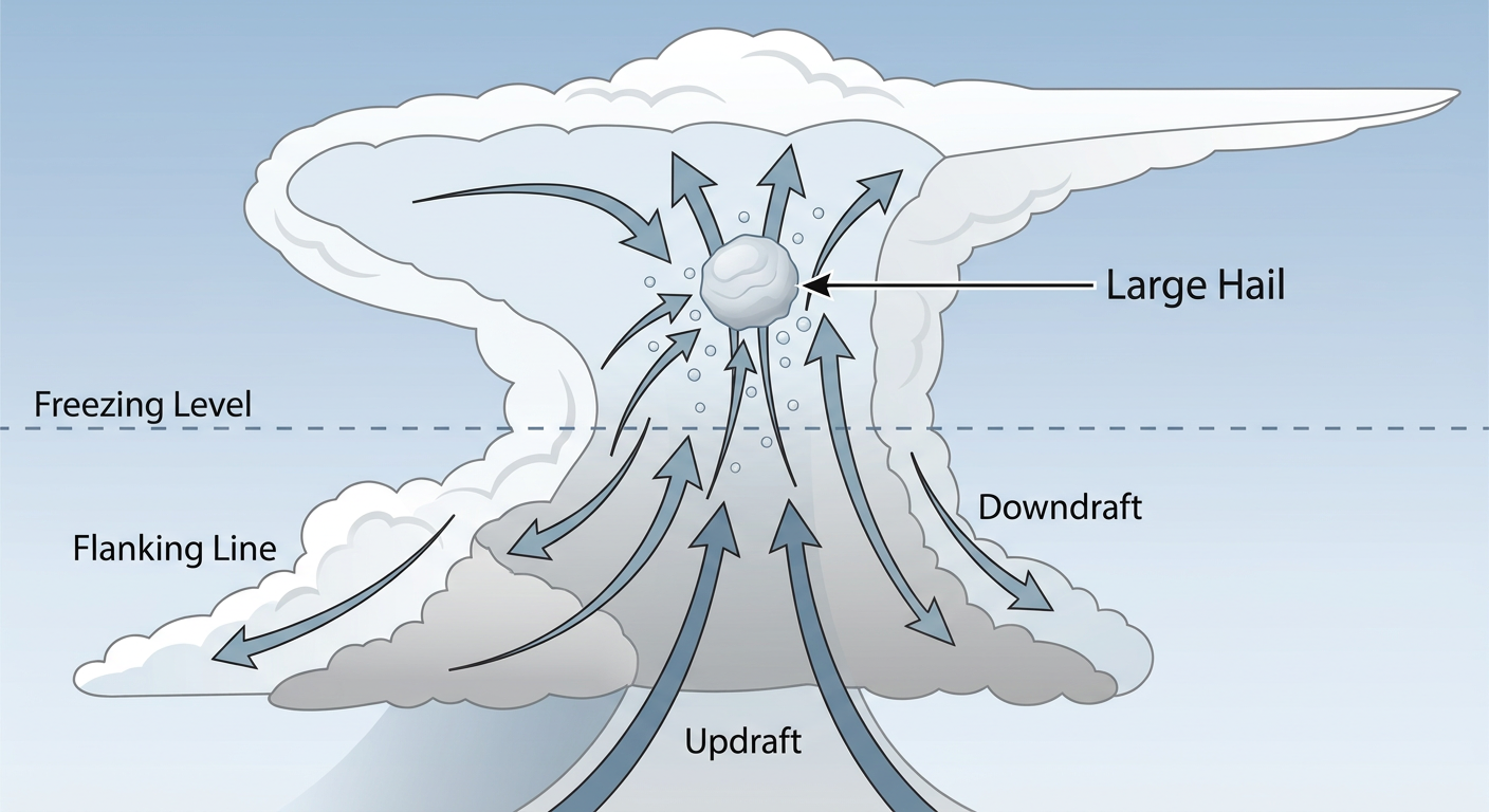 Diagram showing how strong thunderstorm updrafts suspend hailstones until they grow to 3 inches in diameter
