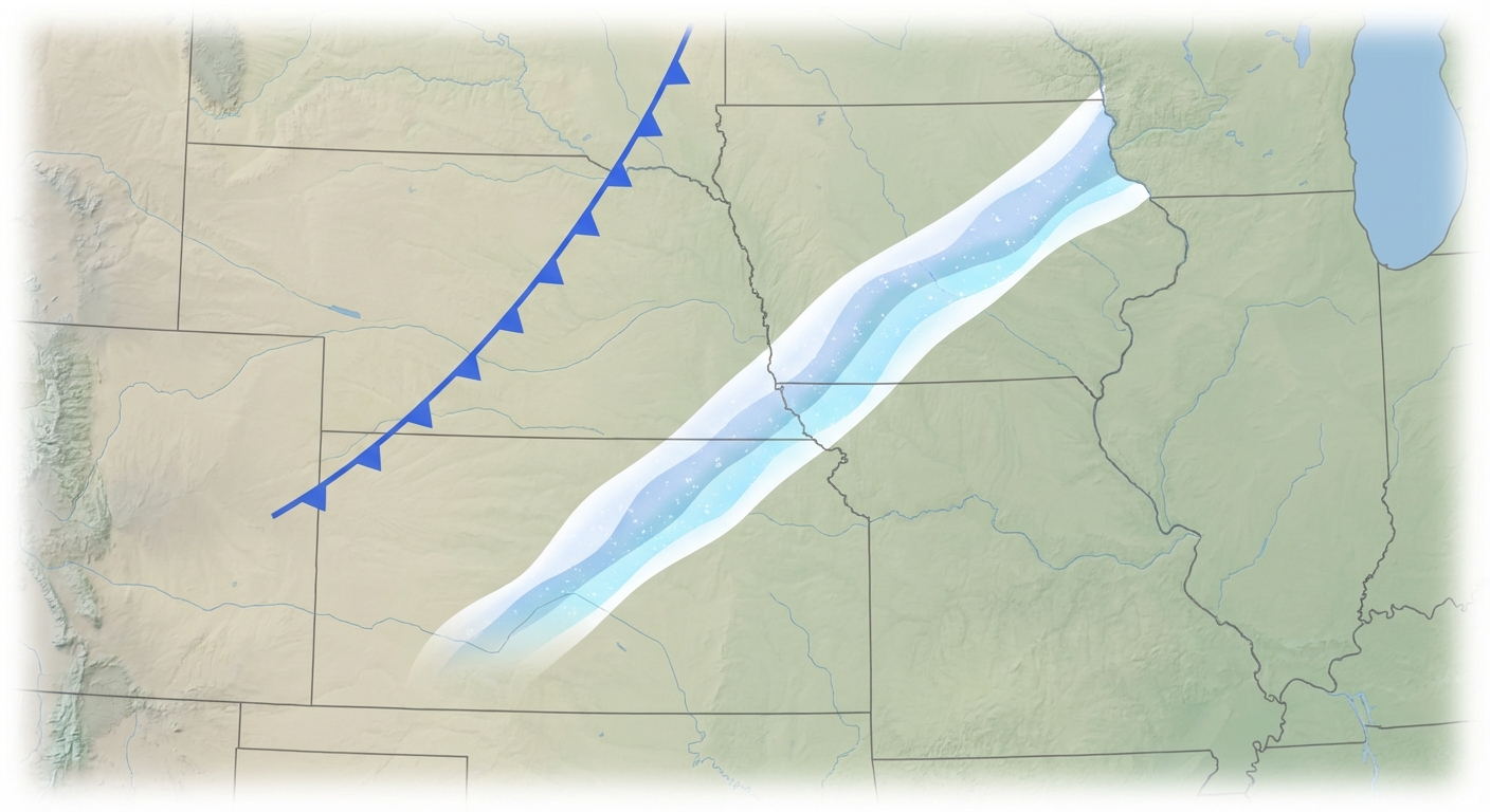 Map showing the narrow corridor of heavy snow expected across Nebraska, Iowa, and Missouri