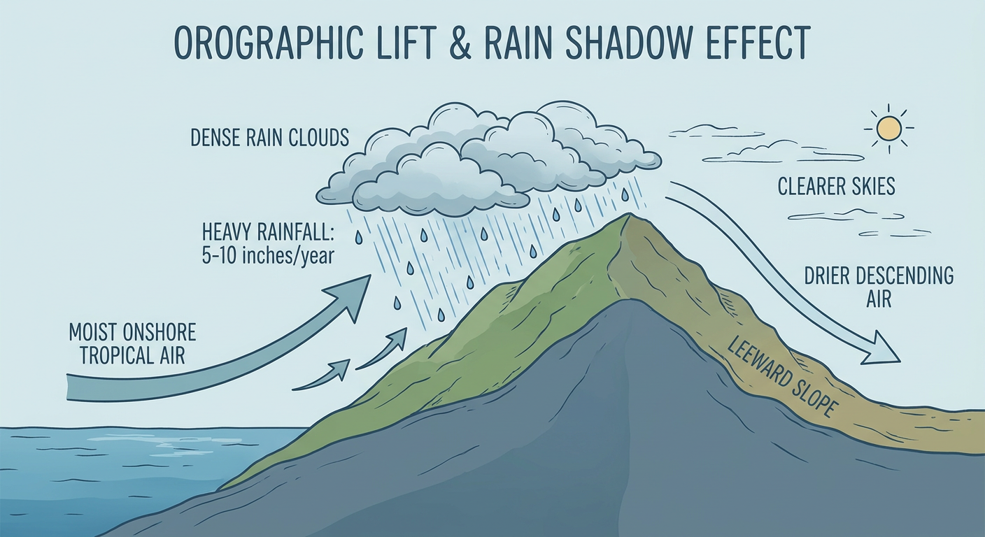 A cutaway illustration showing moist tropical air rising up a volcanic mountain slope, condensing into heavy rain clouds on the windward side, with dry descending air on the leeward side, labeled with arrows for orographic lift and rainfall totals