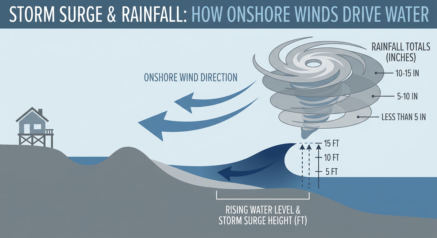Cross-section diagram of a landfalling tropical storm showing onshore wind push building storm surge, with labeled surge height, wind arrows, and rain band structure