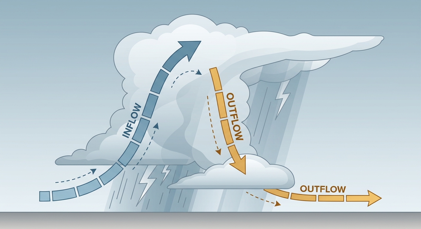 A cutaway diagram of a thunderstorm cell showing a tilted updraft column, a rear-flank downdraft, and an outflow boundary spreading along the ground, with arrows labeled for warm moist inflow and cool outflow winds, rendered in a clean educational style with muted blue and amber tones