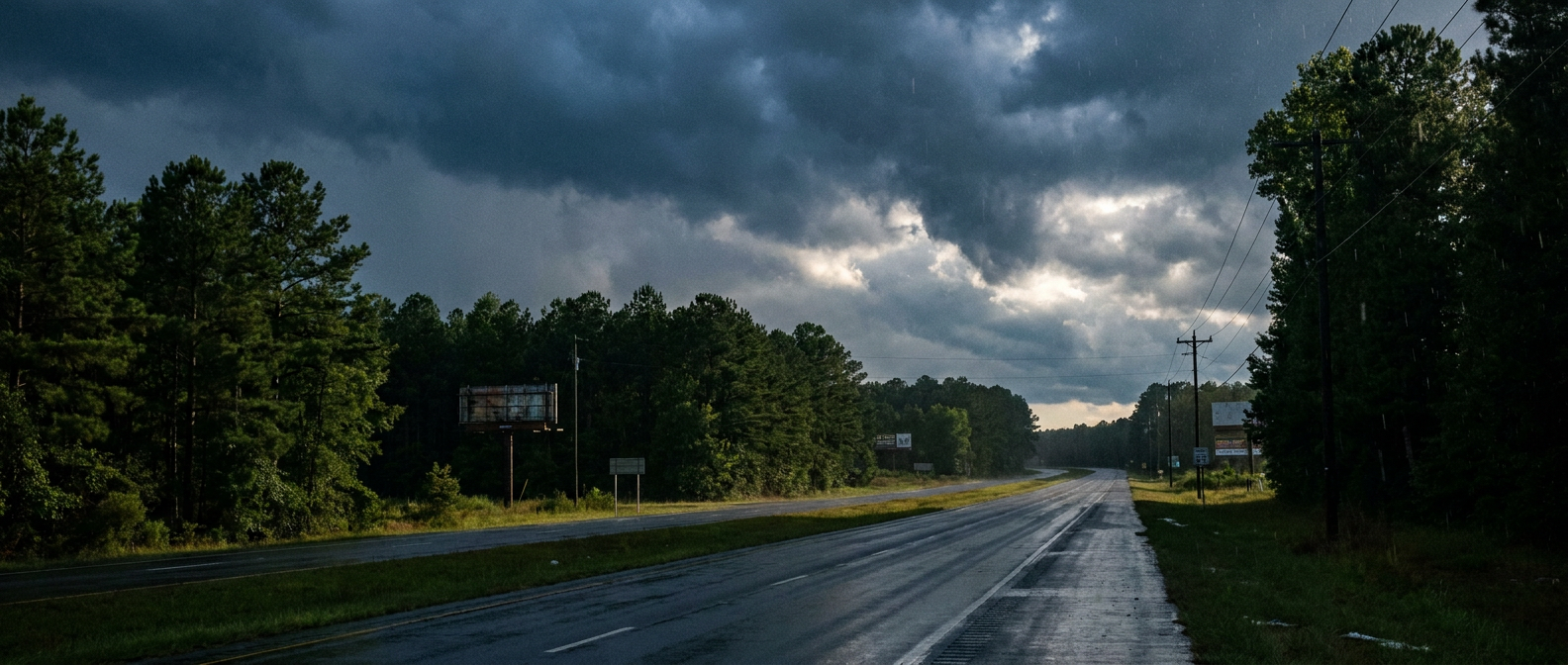 Dark storm clouds gathering over a Southern highway
