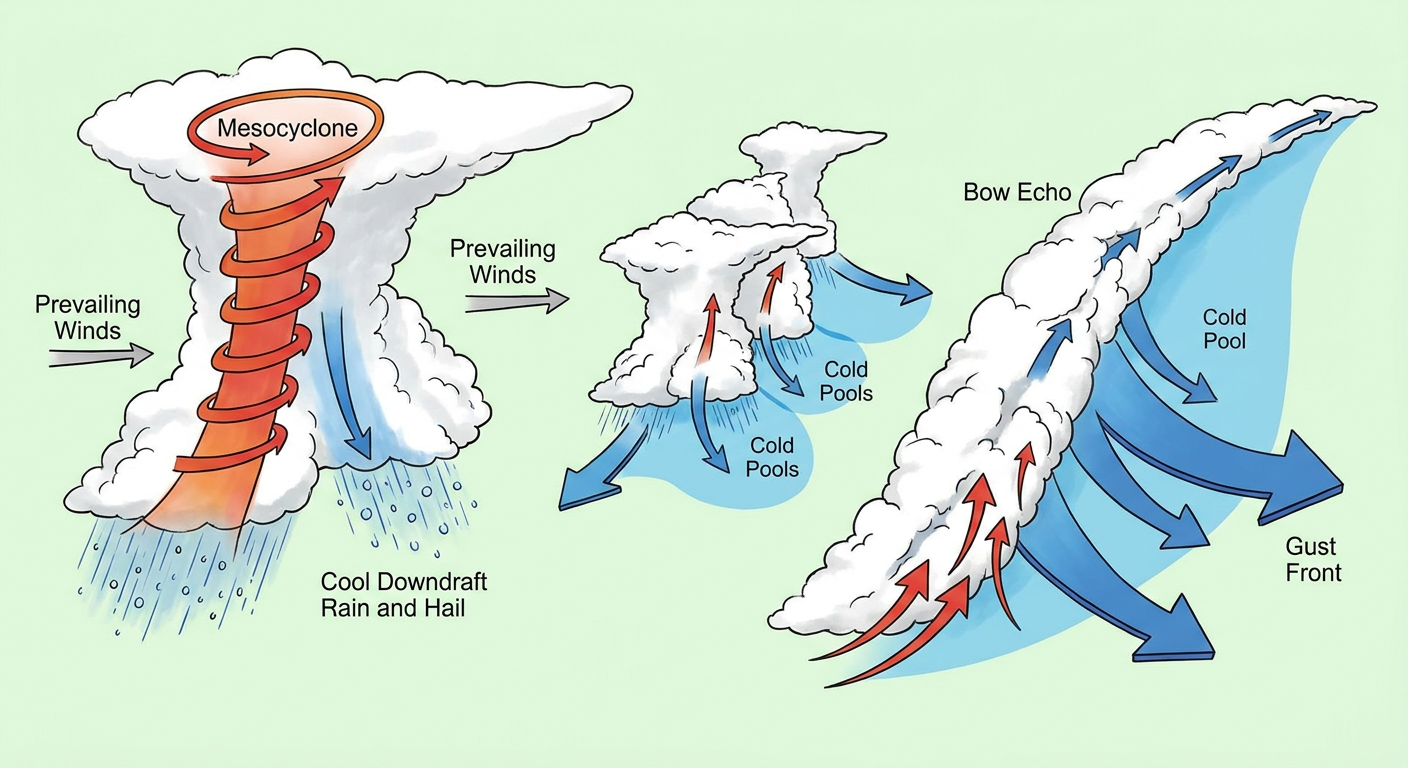 Diagram showing how a supercell transitions into a bowing line segment