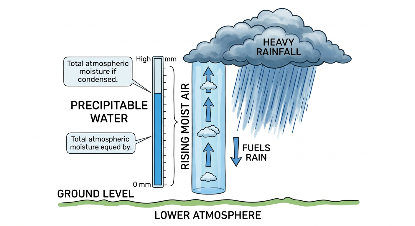 Simple illustrated cross-section of the atmosphere showing a column of moist air with a precipitable water gauge overlay, labeled to show how deep tropical moisture stacks up and fuels heavy rainfall, clean infographic style