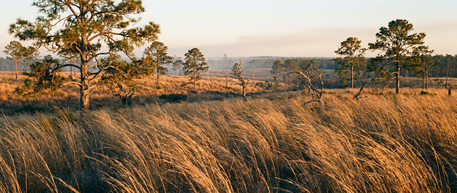 Golden hour light over a dry pine savanna in the Gulf South, wind bending tall grass in the foreground, hazy amber sky suggesting low humidity air