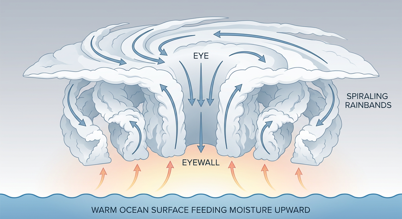 Cross-section diagram of a mature Category 5 hurricane showing the eye, eyewall, and spiraling rain bands over warm ocean water