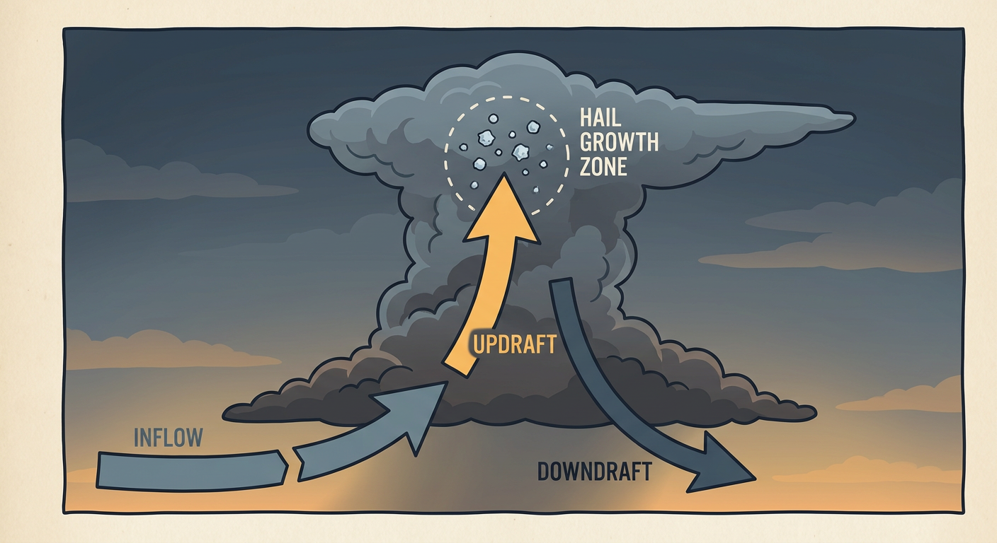 A tall storm tower builds with a visible updraft and downdraft structure, annotated with labels for hail growth zone, inflow, and outflow, set against a darkening evening sky
