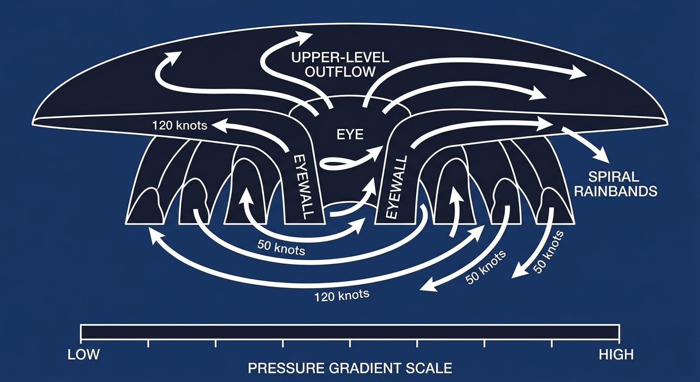Cross-section diagram of a mature hurricane showing the eye, eyewall, spiral rainbands, and outflow layer, labeled with wind speed and pressure values, illustrating why a symmetrical eye and warm eye temperature signal rapid intensification