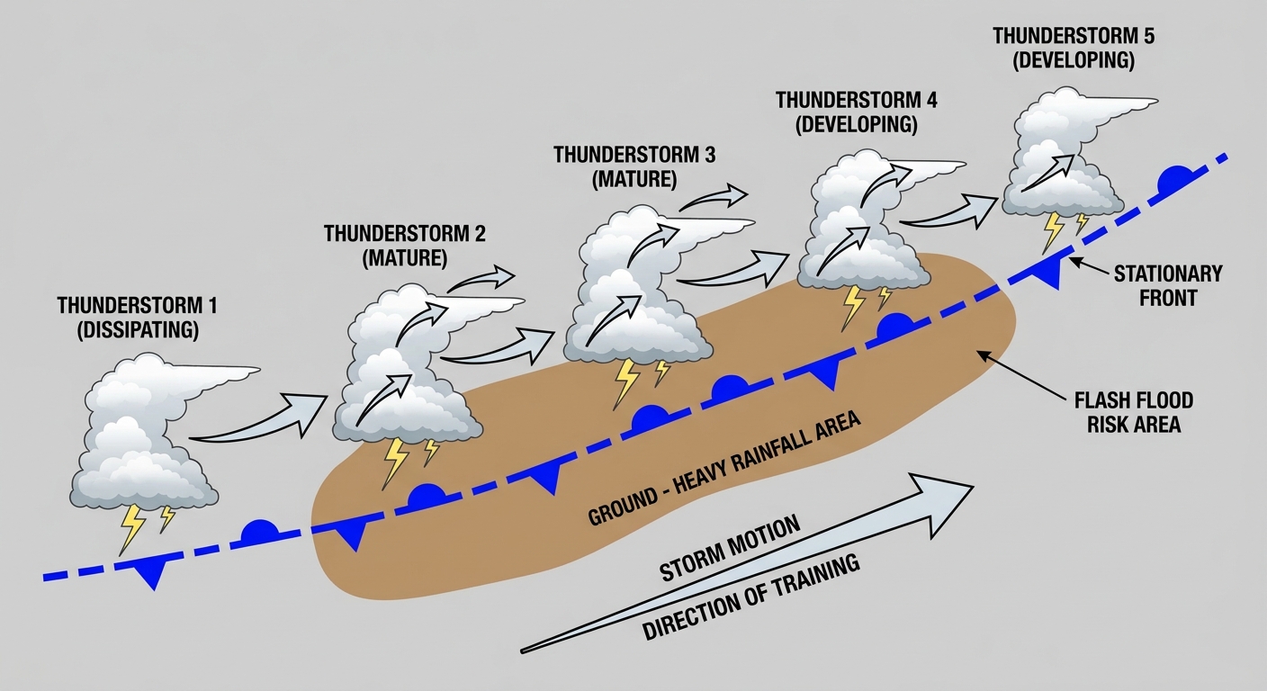 Diagram showing training thunderstorms along a stationary front