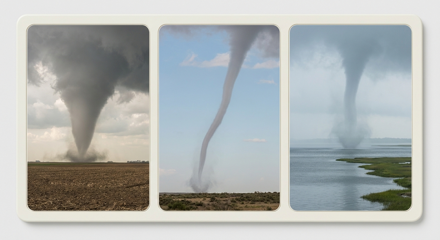 A side by side comparison plate of three funnel cloud types: a classic tornado condensation funnel touching ground over farmland, a thin rope-like landspout under a clear sky, and a waterspout rising from calm tidal water