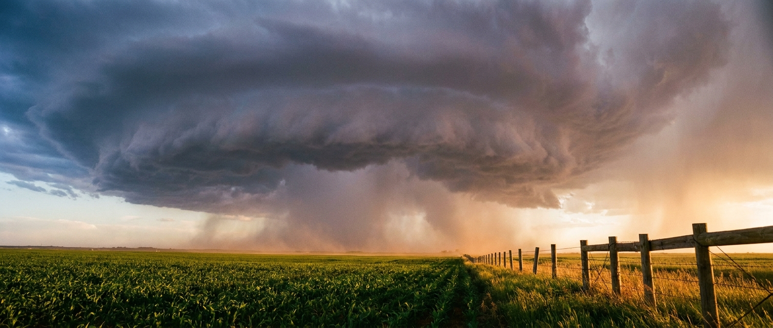 A dark, ominous shelf cloud advancing over a flat green agricultural field
